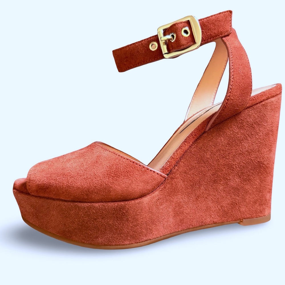 Kate Spade Key Lime Dark Tawny Suede Wedge Sandals K1740 Brown Sz 5B